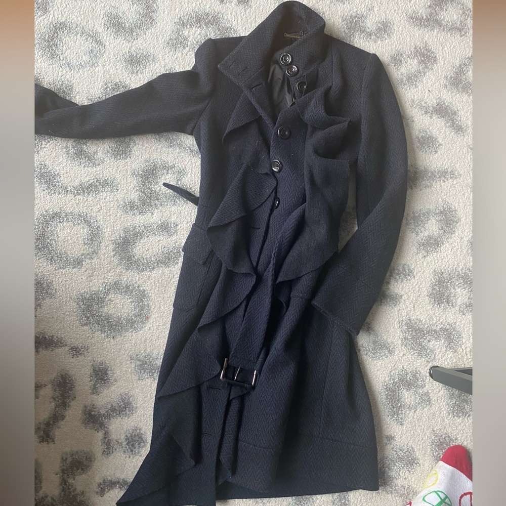 NAVY DIANE CON FÜRSTENBERG TRENCH COAT WITH RUFFLE - SIZE MEDIUM
